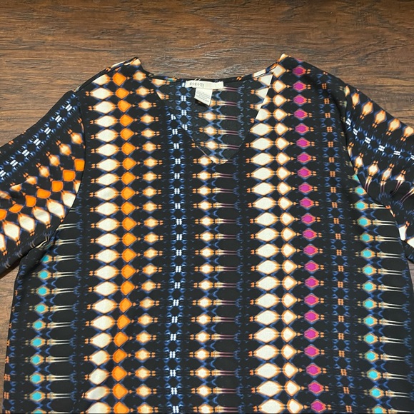 KIKIT Geometric Asymmetrical Hi Low Boho TUNIC L blouse colorful top - Picture 3 of 4